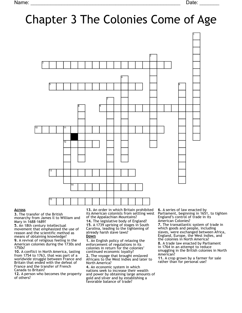 Chapter 3 The Colonies Come of Age Crossword