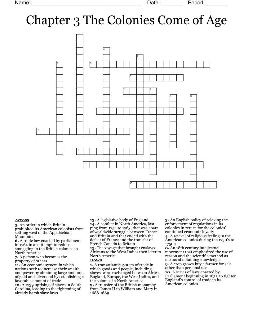 Chapter 3 The Colonies Come of Age Crossword
