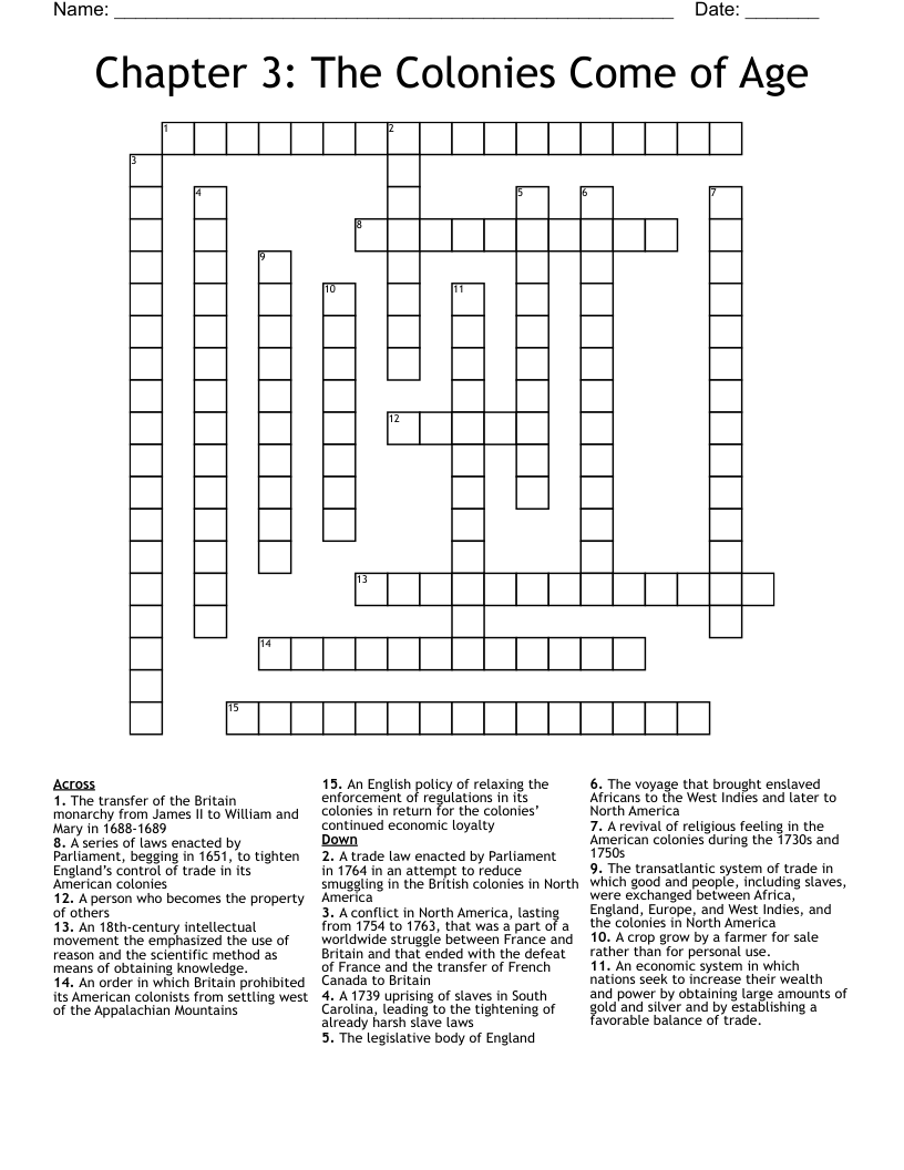 Chapter 3: The Colonies Come of Age Crossword