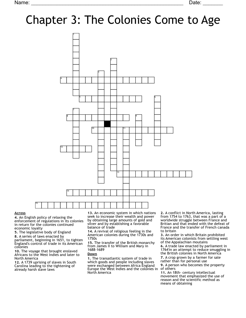Chapter 3: The Colonies Come to Age Crossword