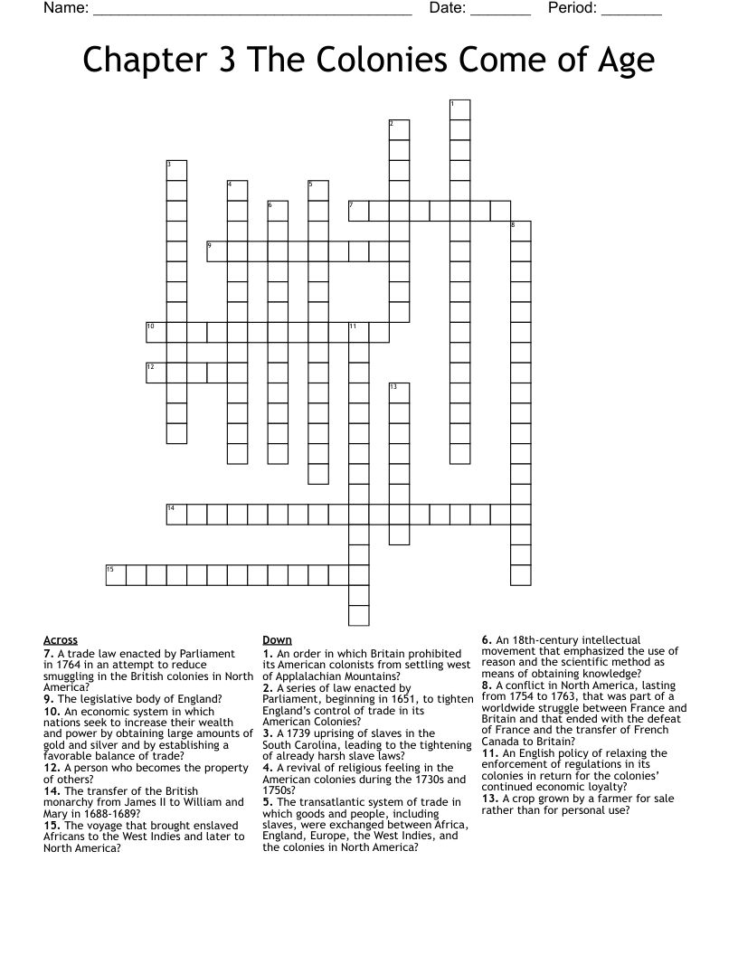 Chapter 3 The  Colonies Come of Age Crossword