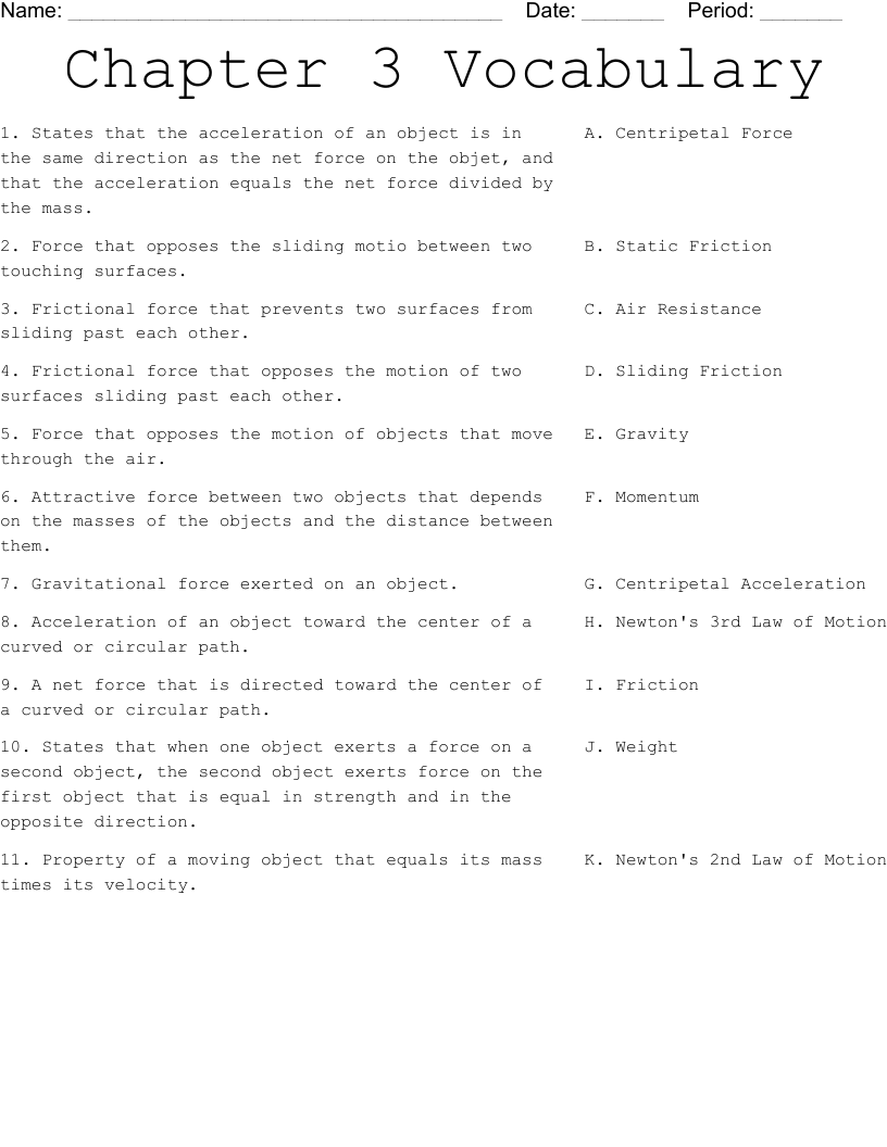 Chapter 3 Vocabulary Worksheet