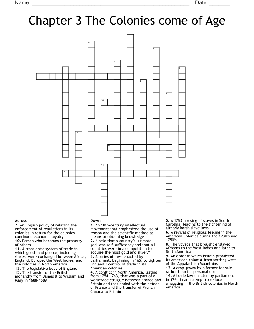 Chapter 3  The Colonies come of Age Crossword