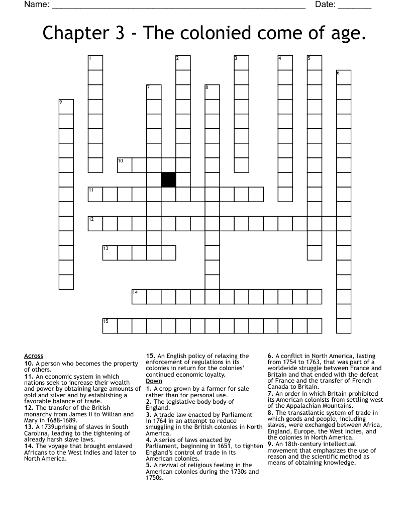 Chapter 3 - The colonied come of age. Crossword