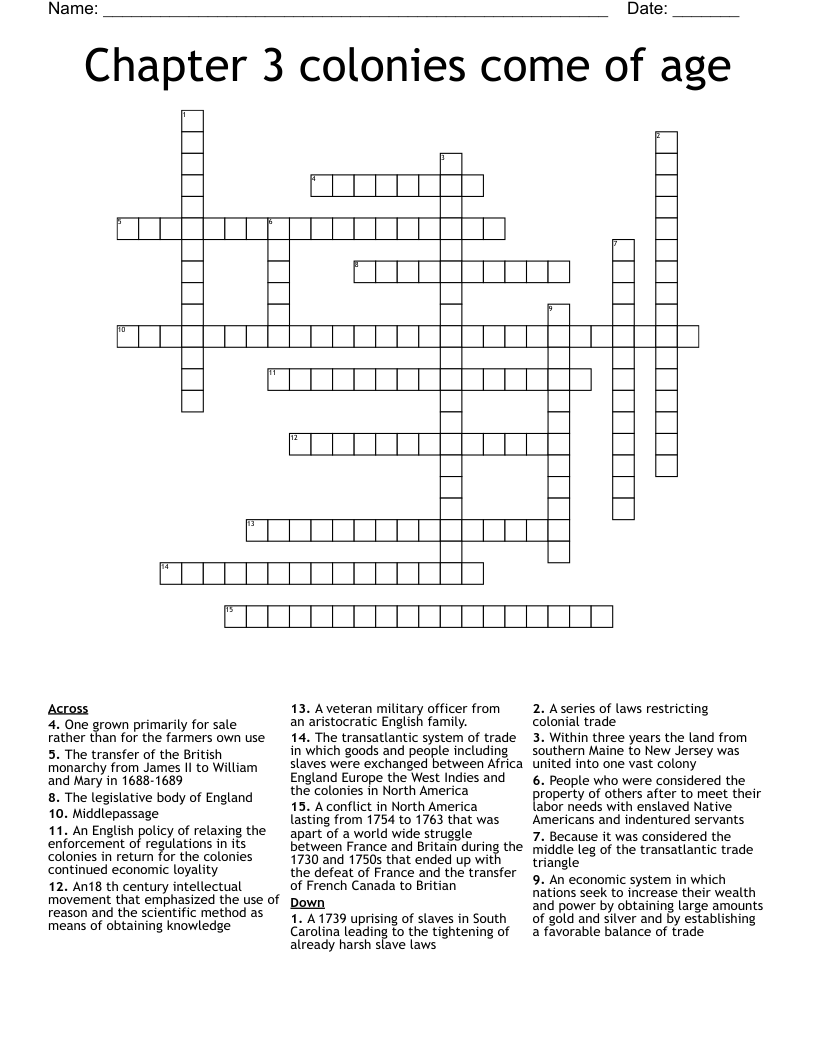 Chapter 3 colonies come of age Crossword