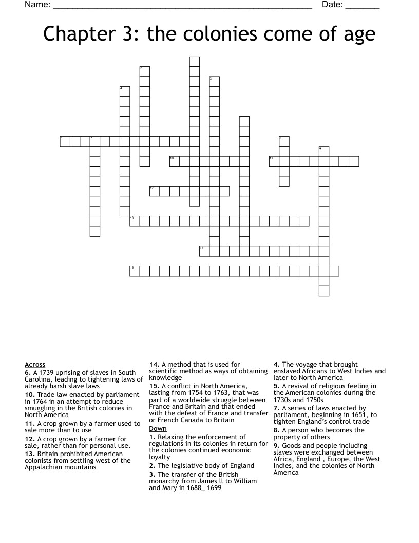 Chapter 3: the colonies come of age Crossword