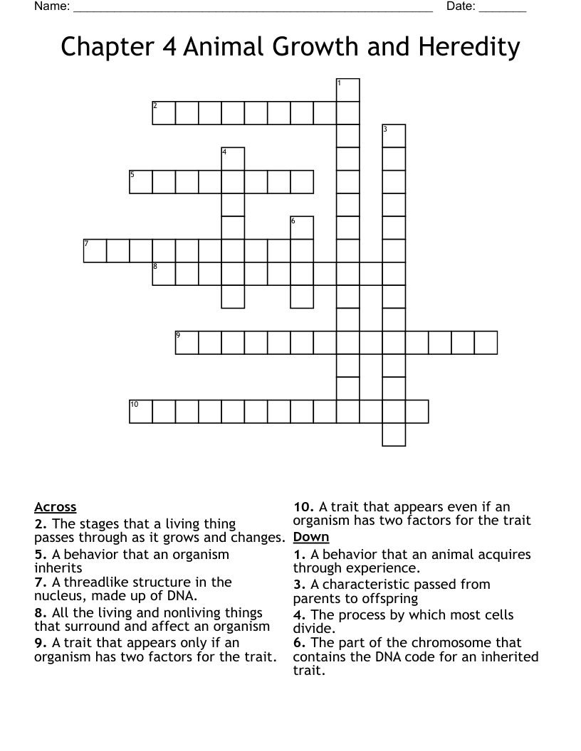 Chapter 4 Animal Growth and Heredity Crossword