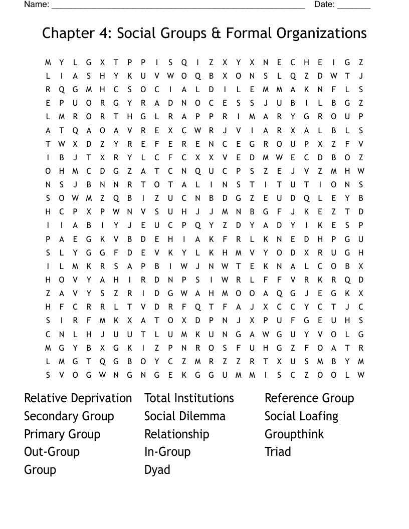 Chapter 4: Social Groups & Formal Organizations Word Search