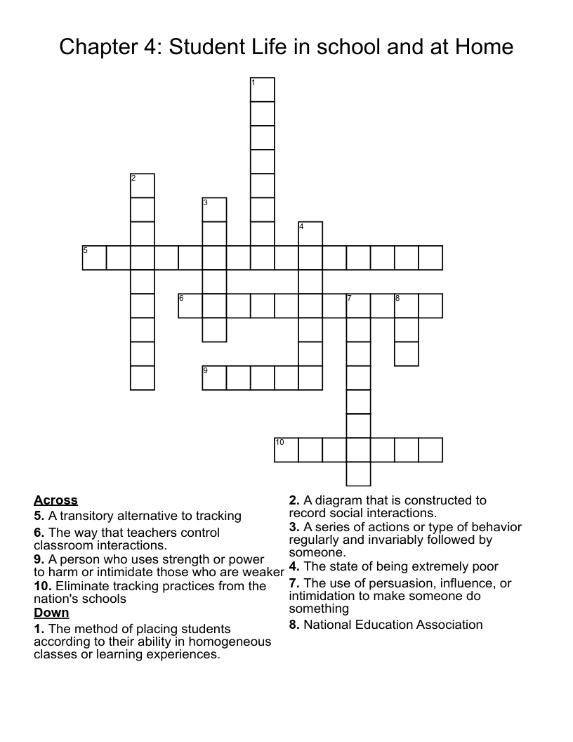 Chapter 4: Student Life in school and at Home Crossword