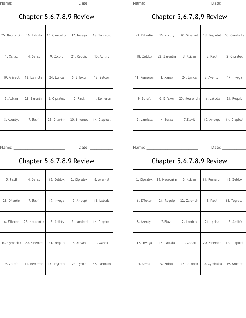 Chapter 5,6,7,8,9 Review Bingo Cards