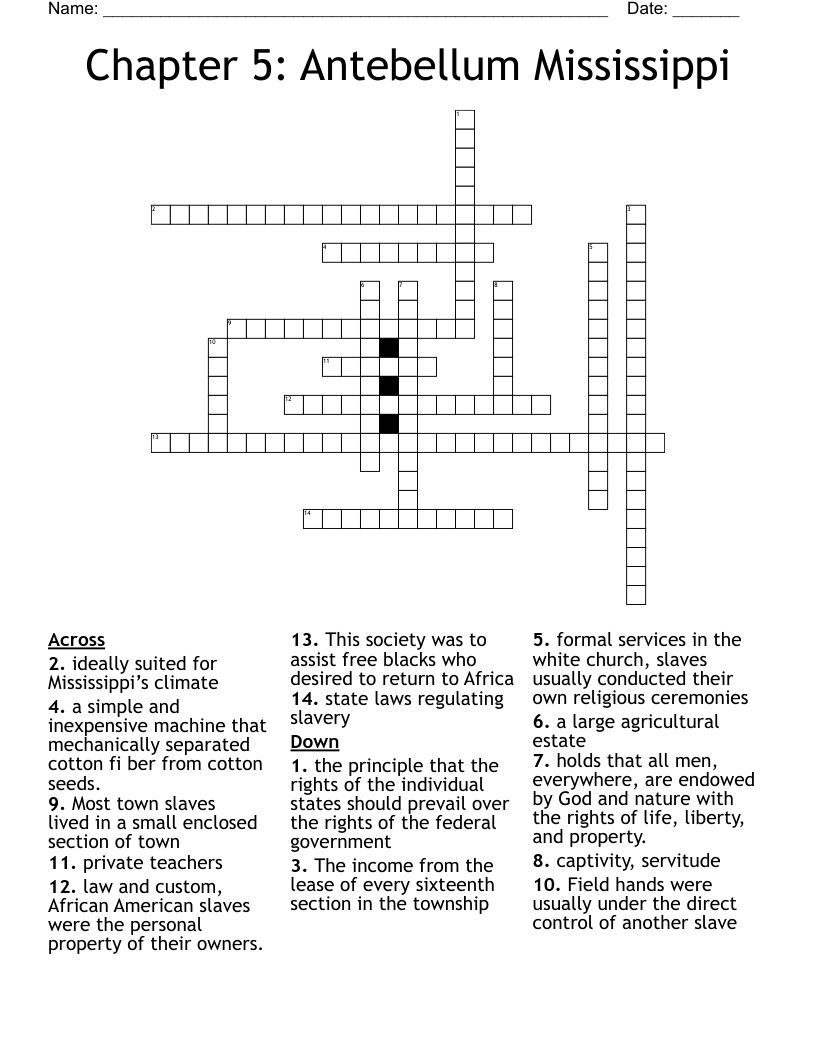 Chapter 5: Antebellum Mississippi Crossword