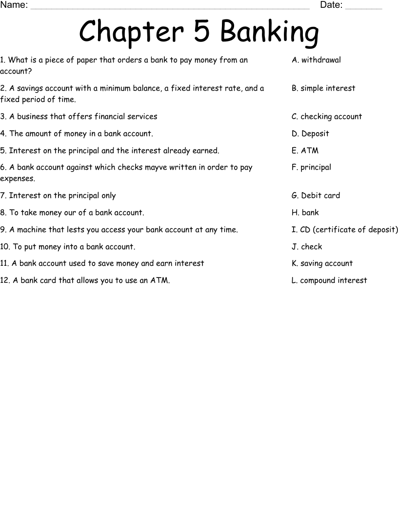 Chapter 5 Banking Worksheet