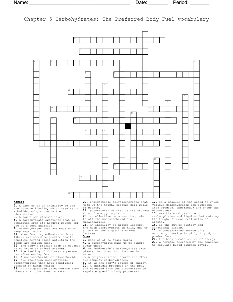 Chapter 5 Carbohydrates: The Preferred Body Fuel vocabulary Crossword