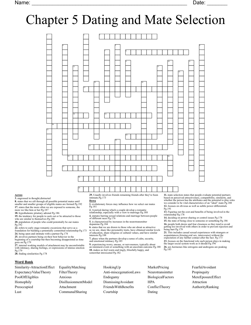 Chapter 5 Dating and Mate Selection Crossword