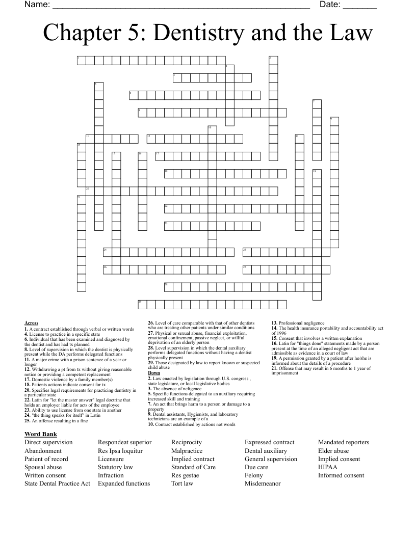 Chapter 5: Dentistry and the Law Crossword