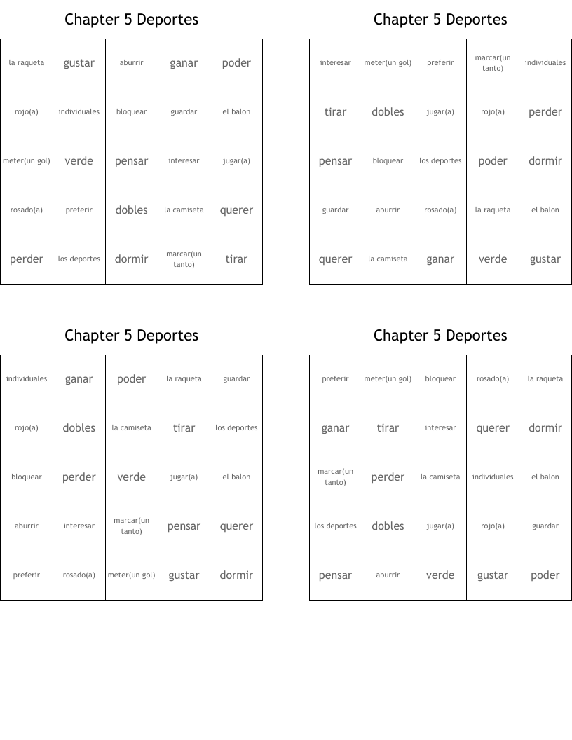 Chapter 5 Deportes Bingo Cards