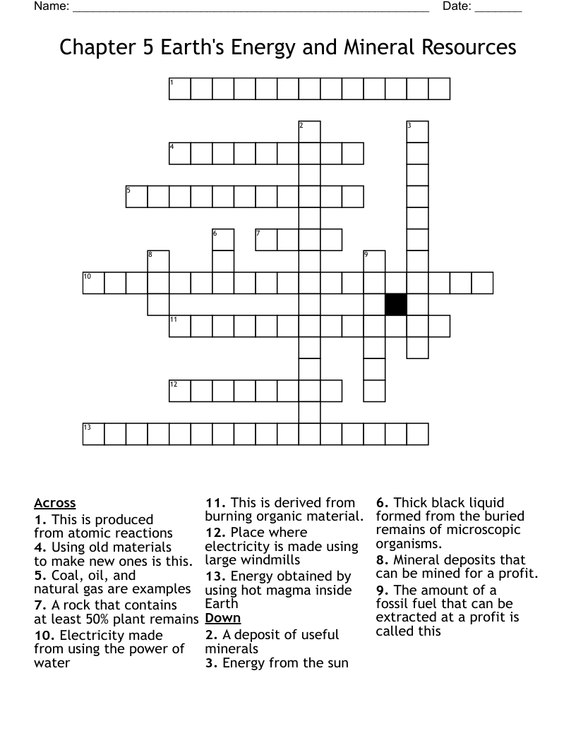 Chapter 5 Earth's Energy and Mineral Resources Crossword
