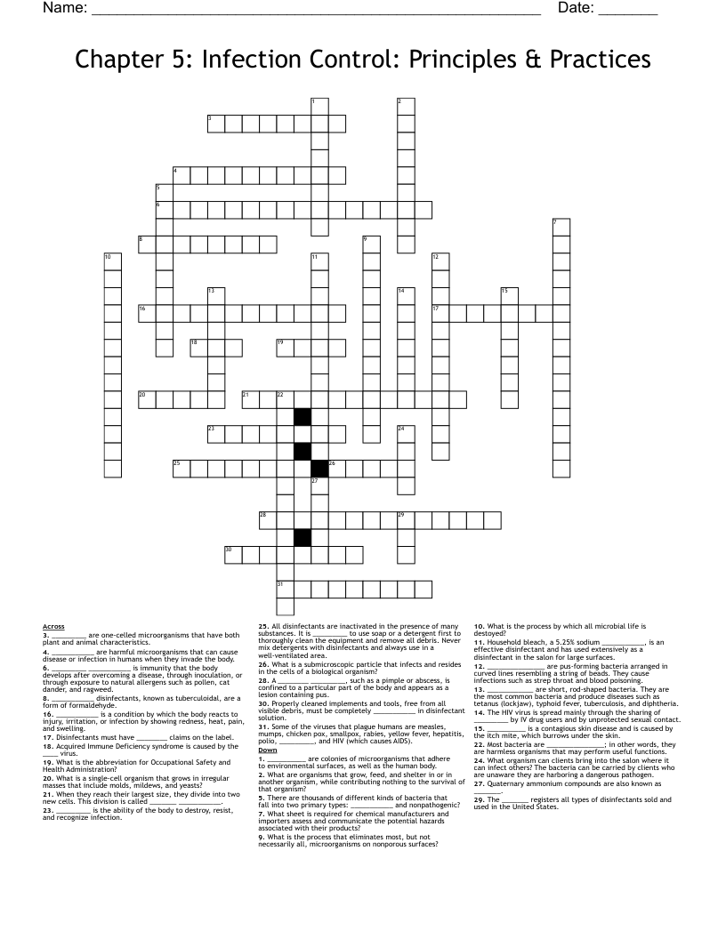 Chapter 5: Infection Control: Principles & Practices Crossword