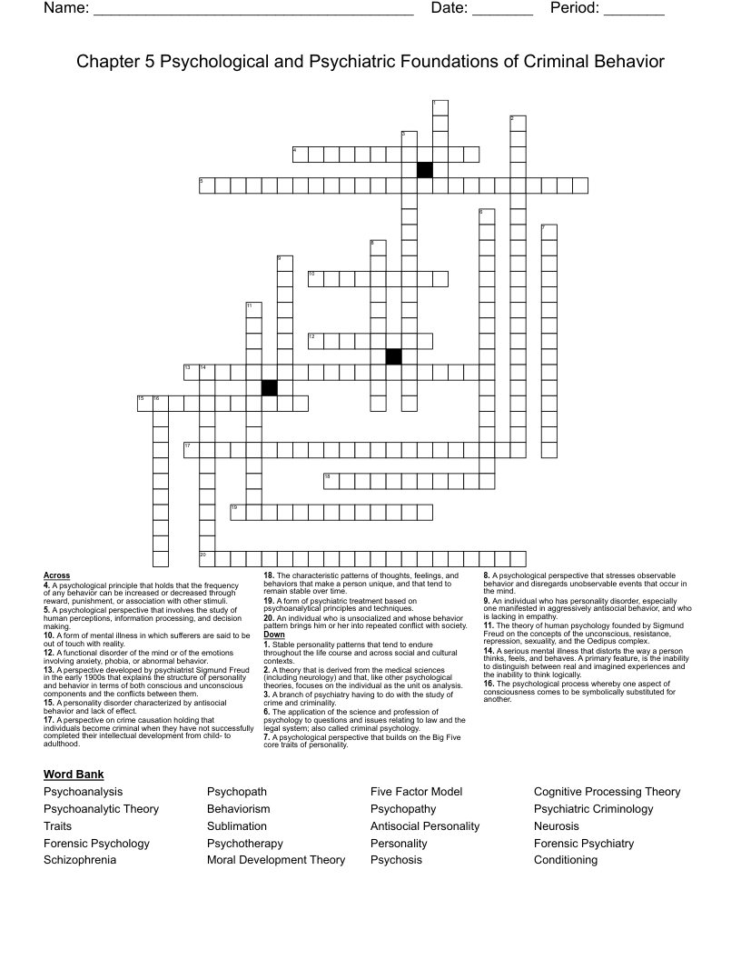 Chapter 5 Psychological and Psychiatric Foundations of Criminal Behavior Crossword