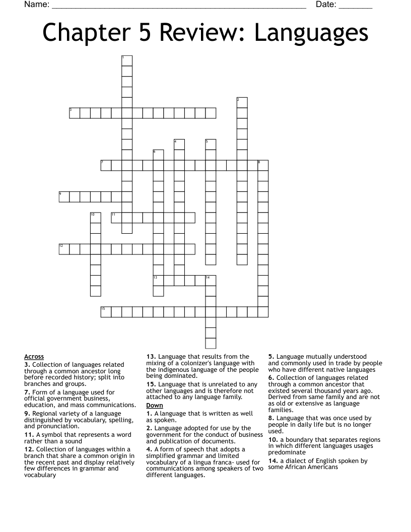 Chapter 5 Review: Languages Crossword