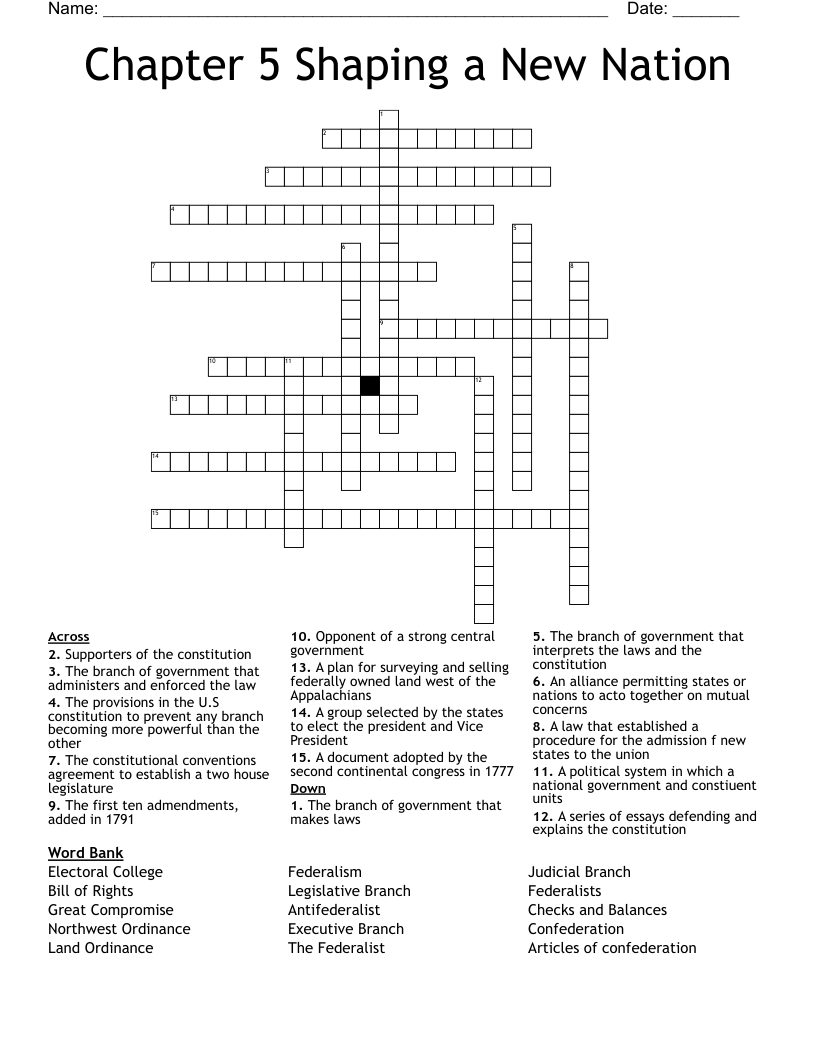 Chapter 5 Shaping a New Nation Crossword