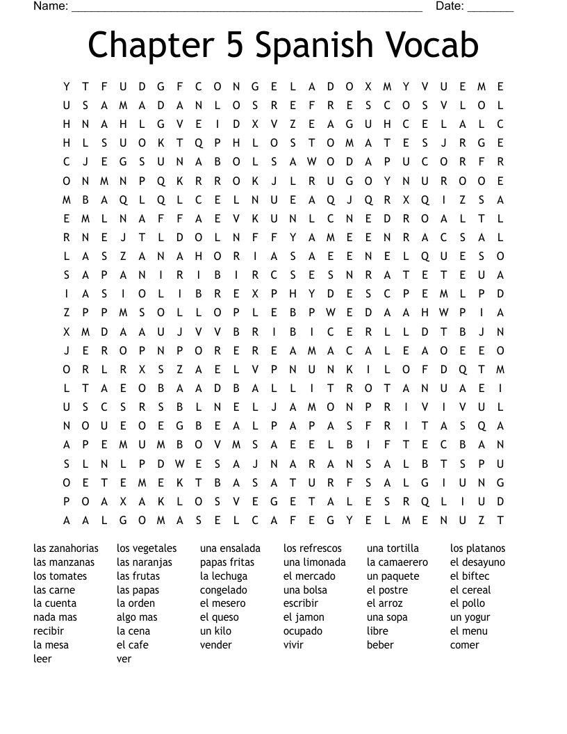 Chapter 5 Spanish Vocab Word Search
