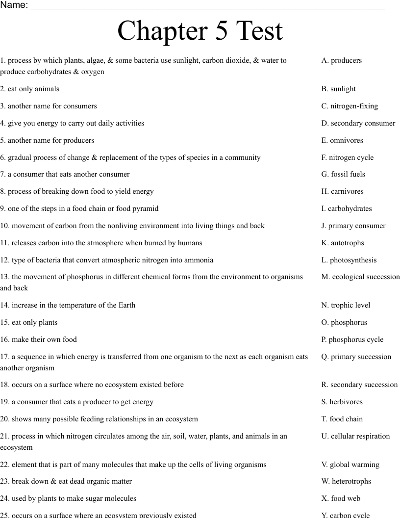 Chapter 5 Test Worksheet