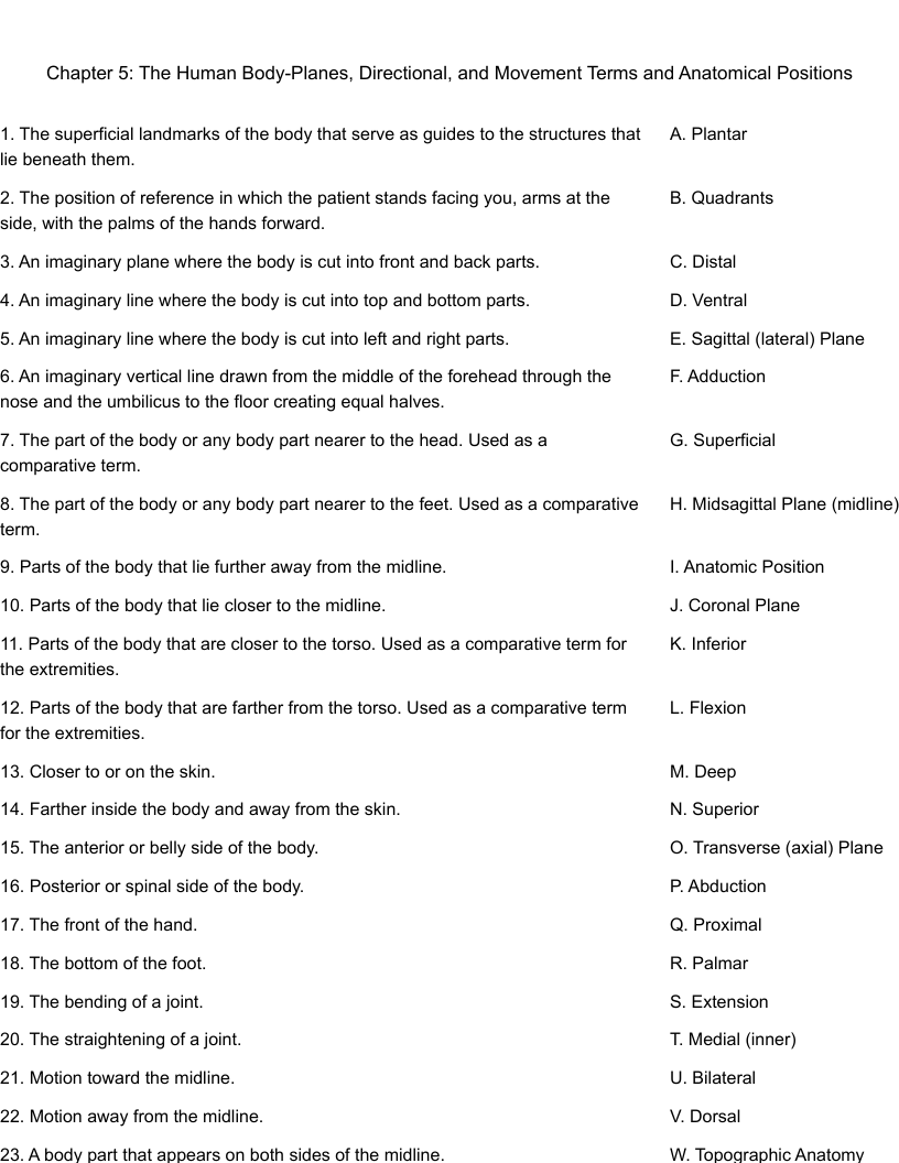 Chapter 5: The Human Body-Planes, Directional, and Movement Terms and Anatomical Positions Worksheet