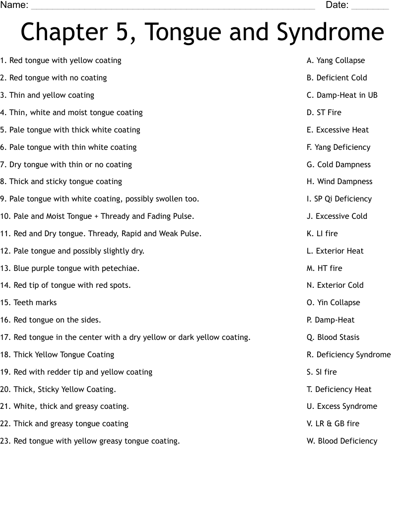 Chapter 5, Tongue and Syndrome Worksheet