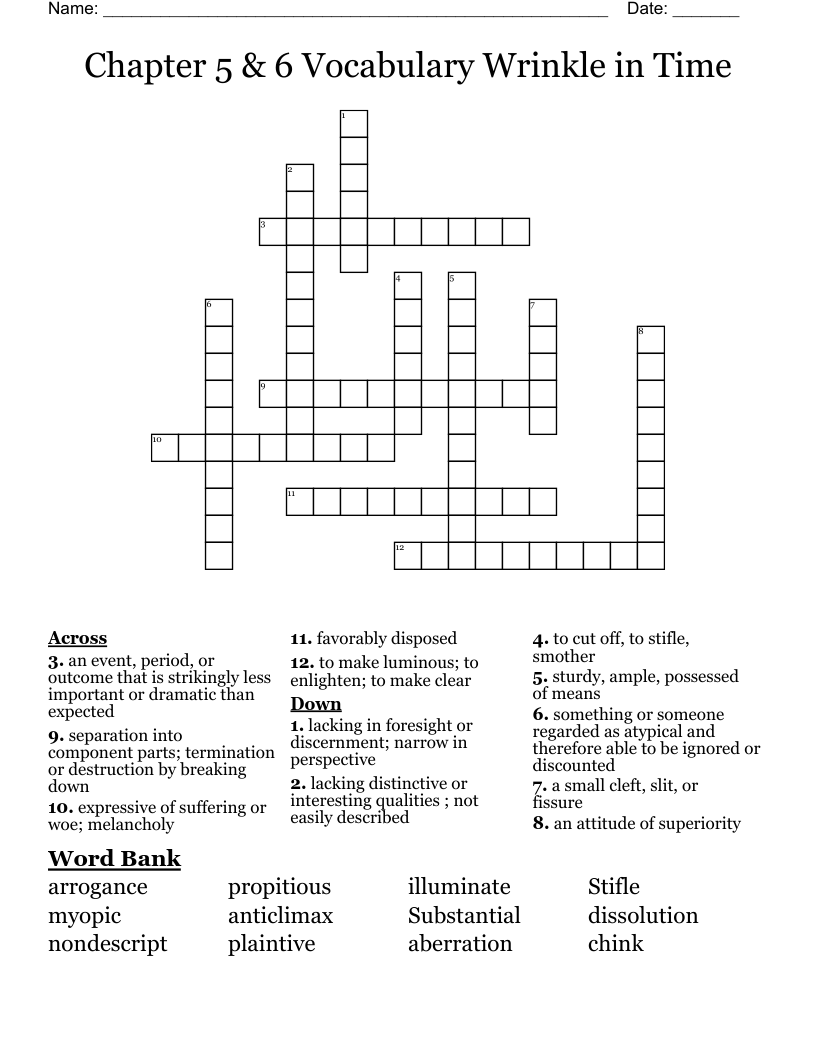 Chapter 5 & 6 Vocabulary Wrinkle in Time Crossword