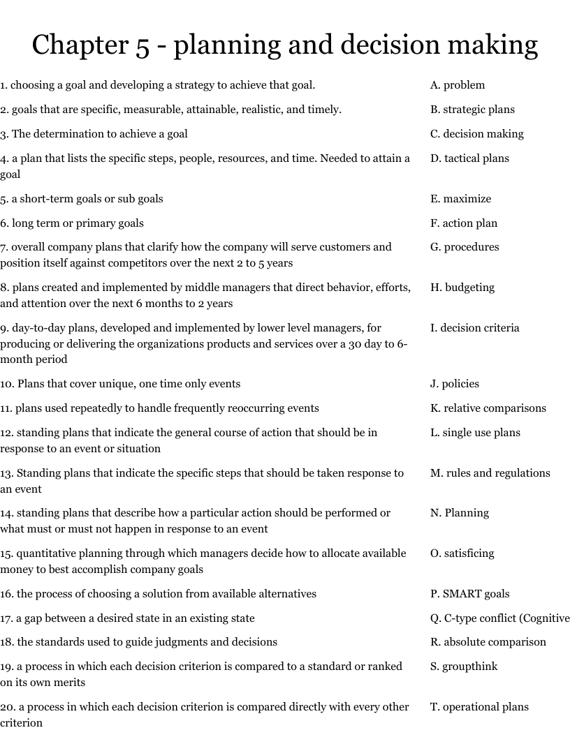 Chapter 5 - planning and decision making  Worksheet