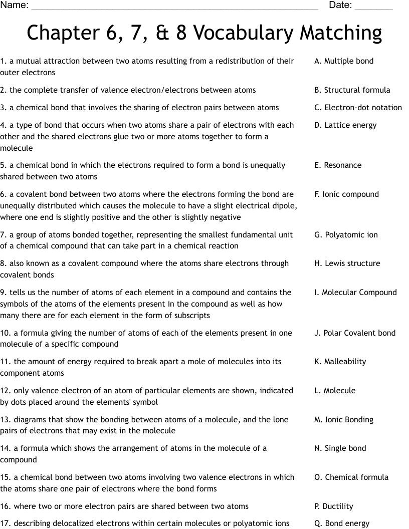 Chapter 6, 7, & 8 Vocabulary Matching   Worksheet