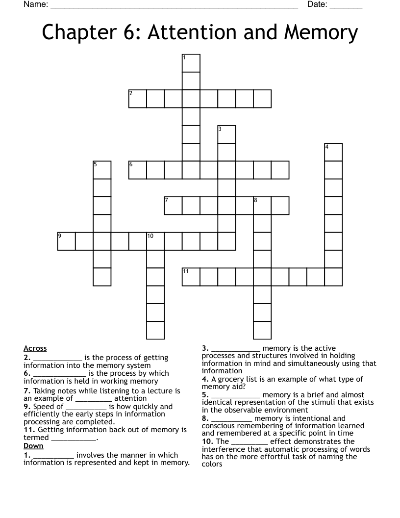 Chapter 6: Attention and Memory Crossword