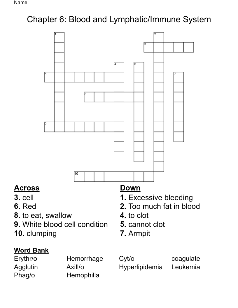 Chapter 6: Blood and   Lymphatic/Immune System Crossword