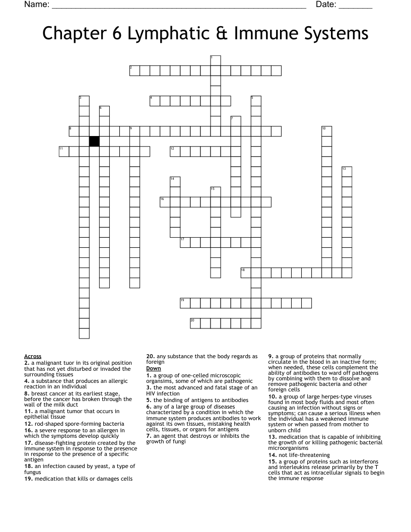 Chapter 6 Lymphatic & Immune Systems Crossword