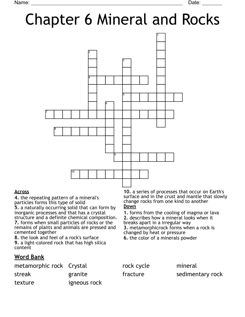 Chapter 6 Mineral and Rocks Crossword