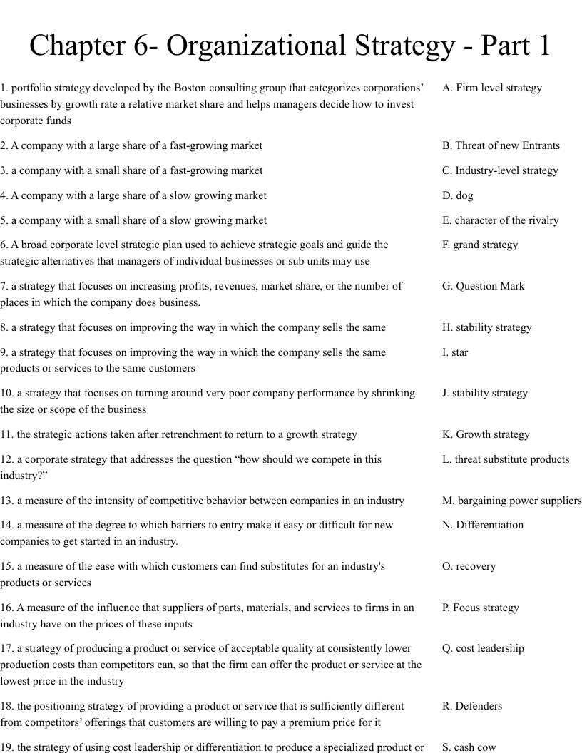 Chapter 6- Organizational Strategy - Part 1 Worksheet