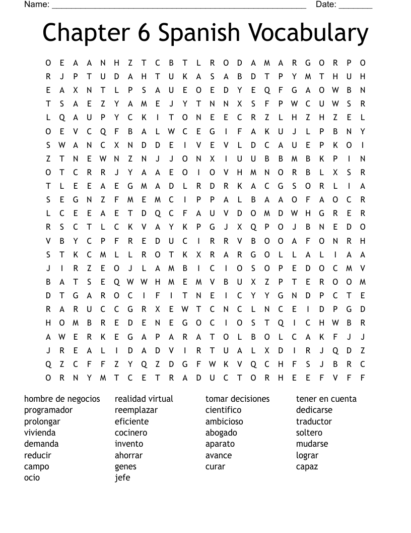 Chapter 6 Spanish Vocabulary Word Search