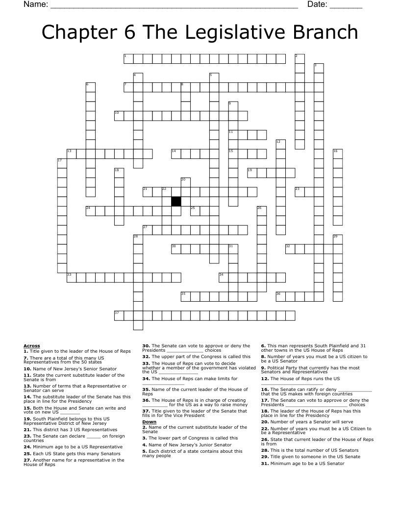 Chapter 6 The Legislative Branch Crossword
