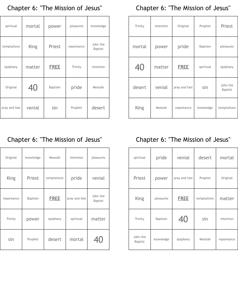Chapter 6: "The Mission of Jesus" Bingo Cards