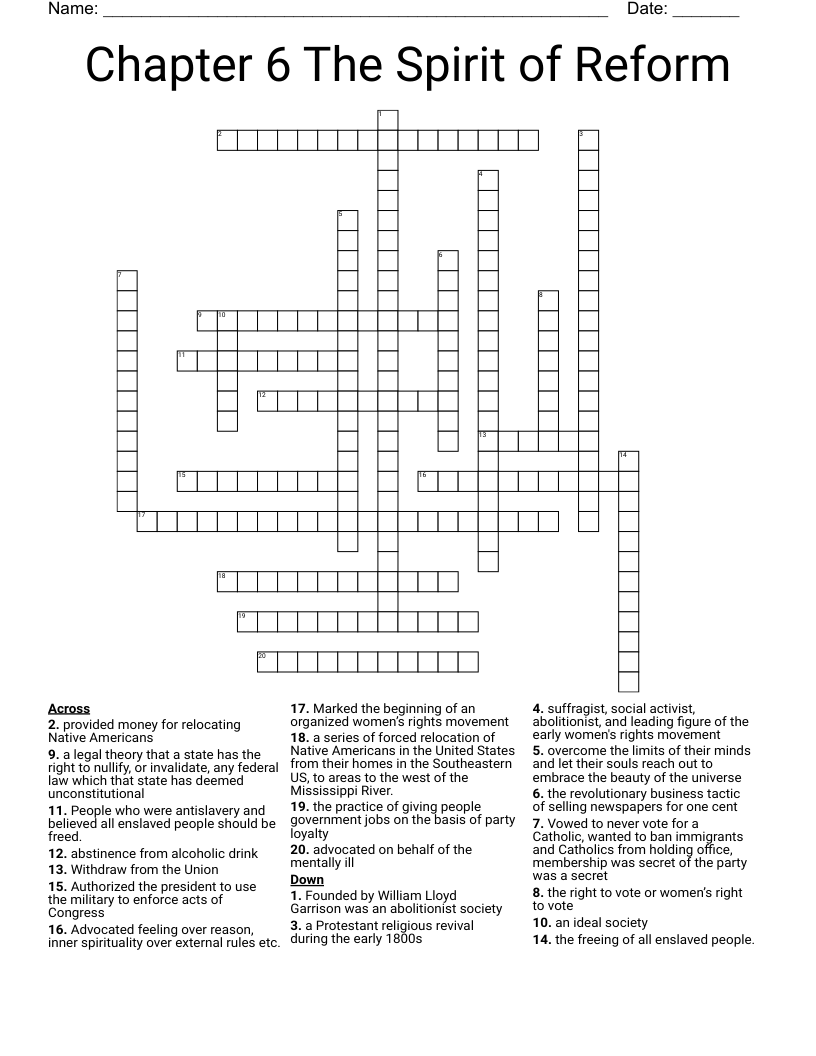 Chapter 6 The Spirit of Reform Crossword