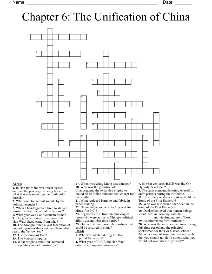 Chapter 6: The Unification of China Crossword