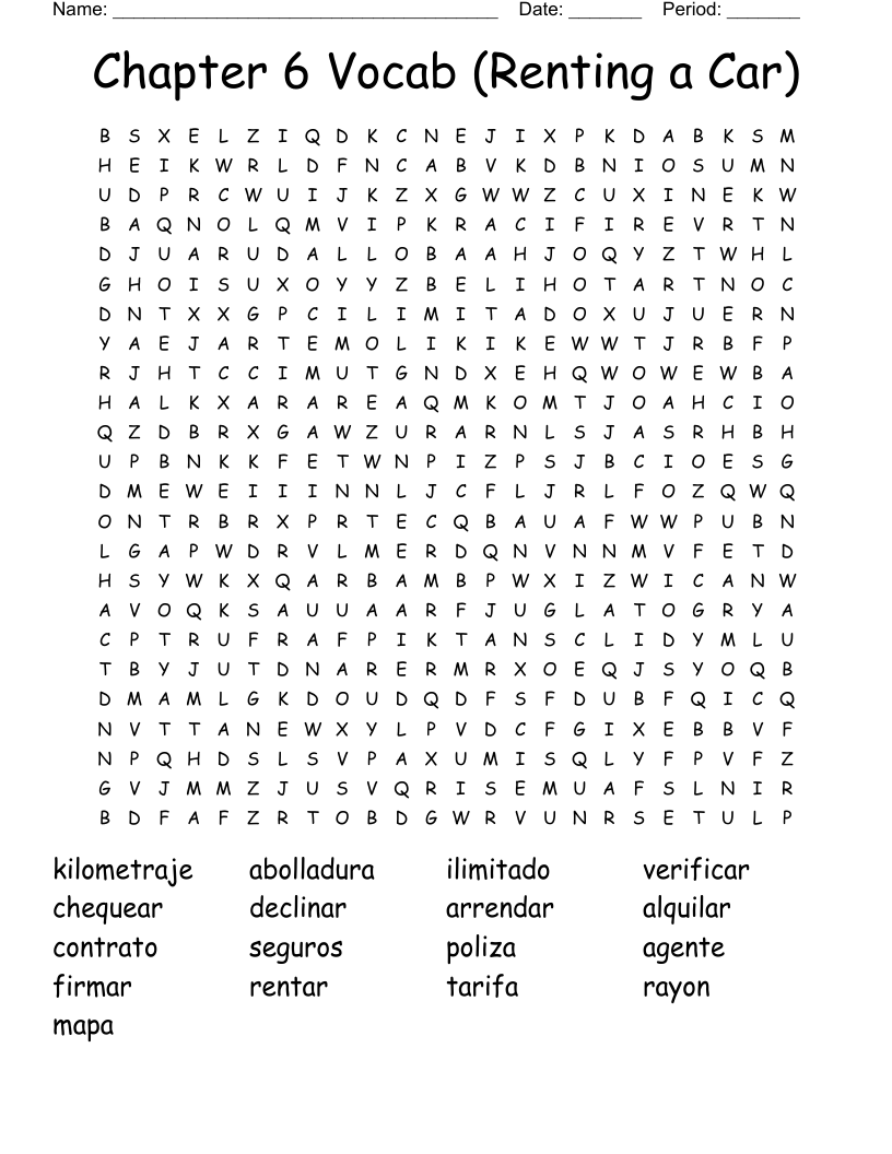 Chapter 6 Vocab (Renting a Car) Word Search