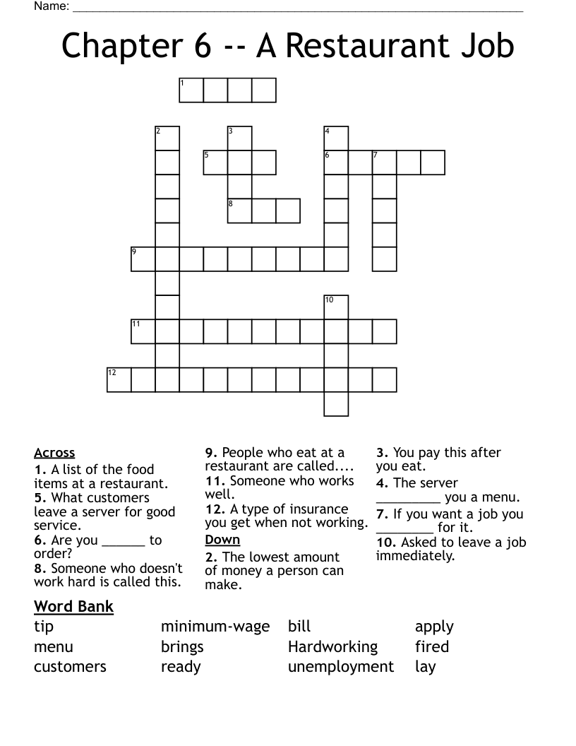 Chapter 6 -- A Restaurant Job Crossword