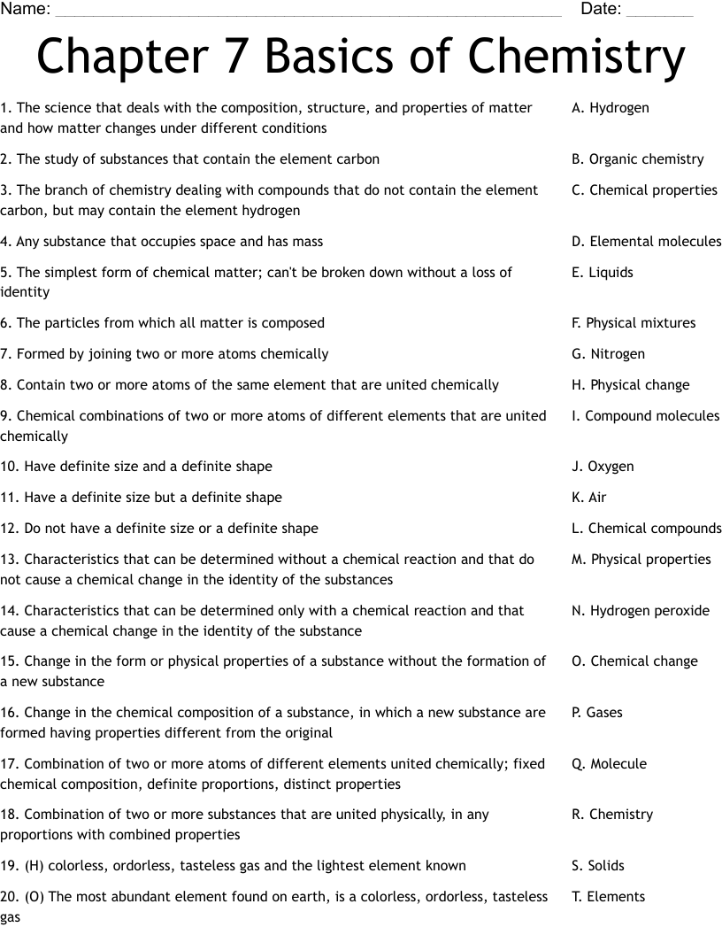 Chapter 7 Basics of Chemistry Worksheet