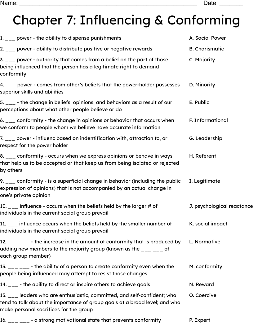 Chapter 7: Influencing & Conforming Worksheet