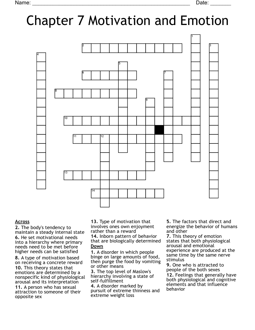 Chapter 7 Motivation and Emotion Crossword