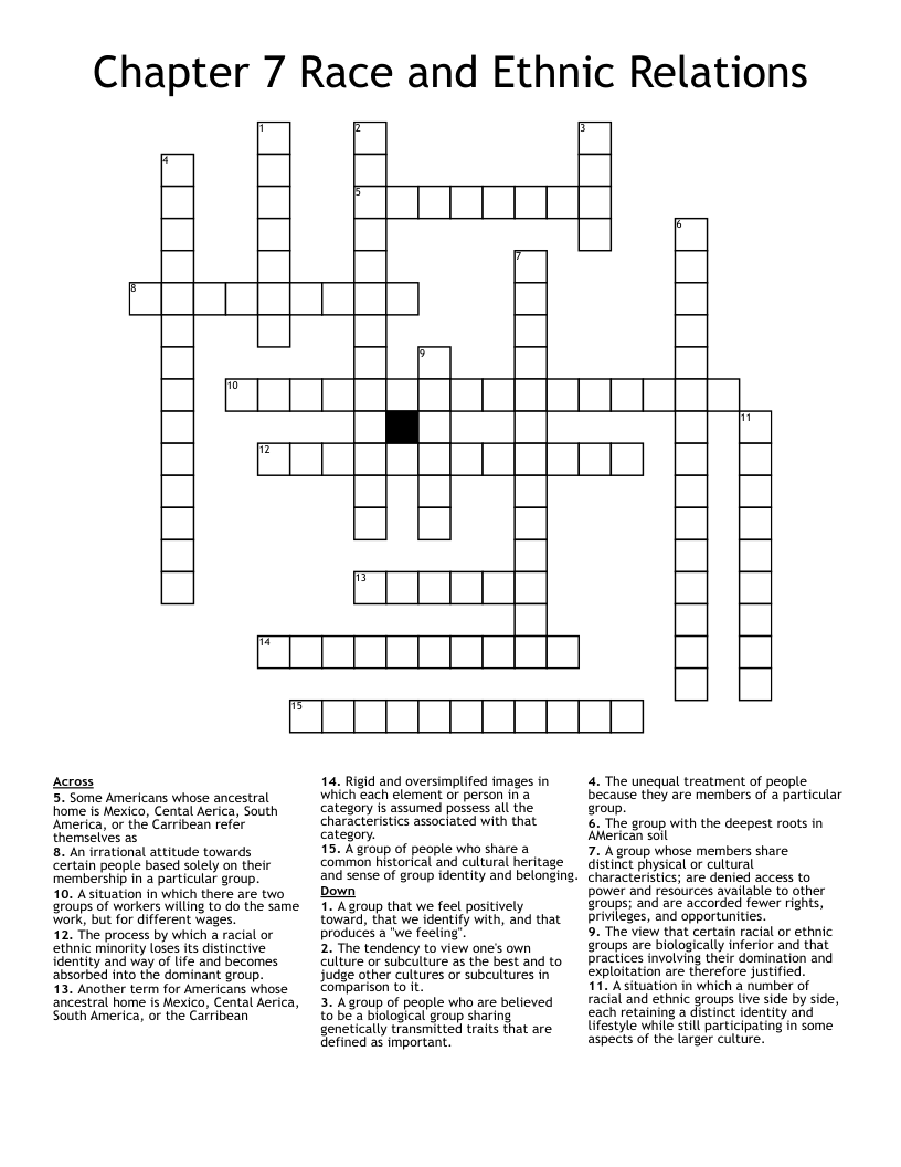 Chapter 7 Race and Ethnic Relations Crossword