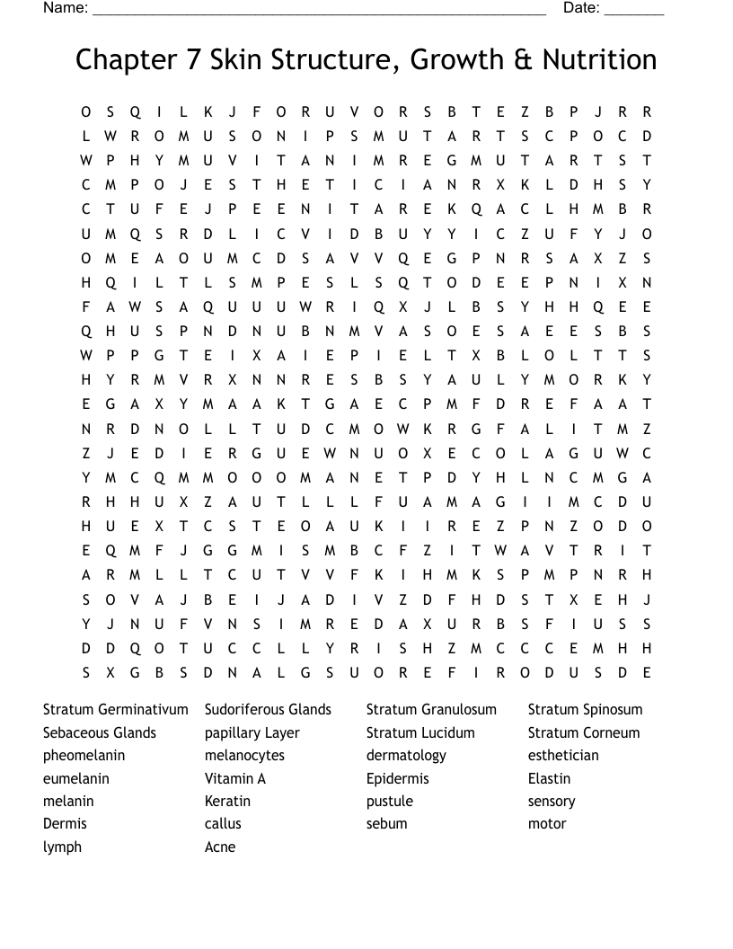 Chapter 7 Skin Structure, Growth & Nutrition Word Search