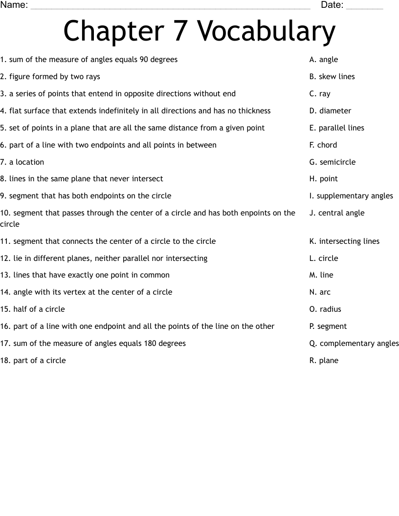 Chapter 7 Vocabulary Worksheet